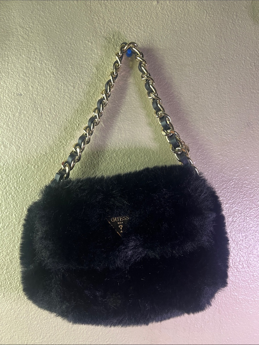 Guess Black Faux Fur Shoulder Bag with Gold Chain Strap